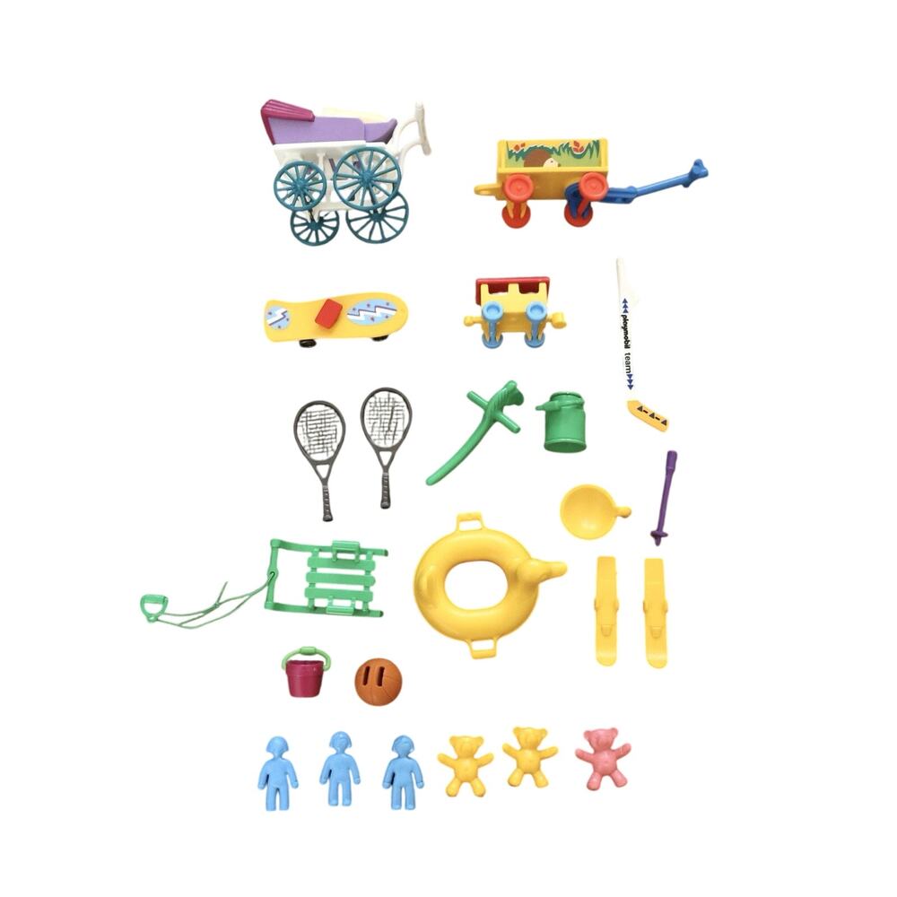 Vintage Geobra Playmobil Accessories Lot Sports Tennis Hockey Stroller Toys